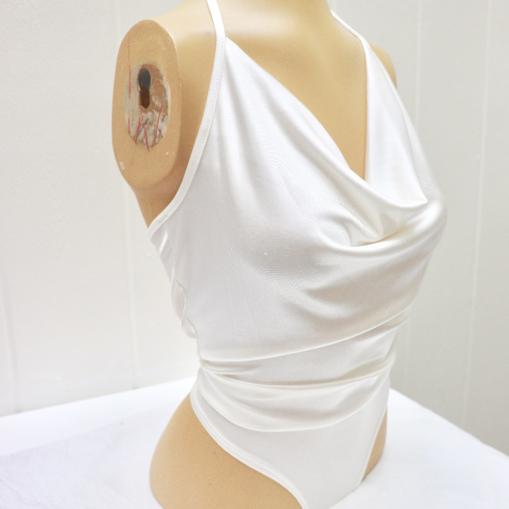 Day G White Halter, Slinky Cowl Neck Bodysuit SM